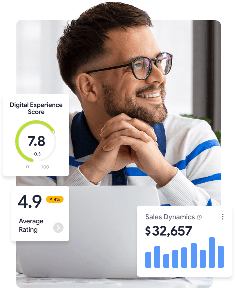 Persona con gráficos ilustrativos de experiencia digital, valoración y ventas